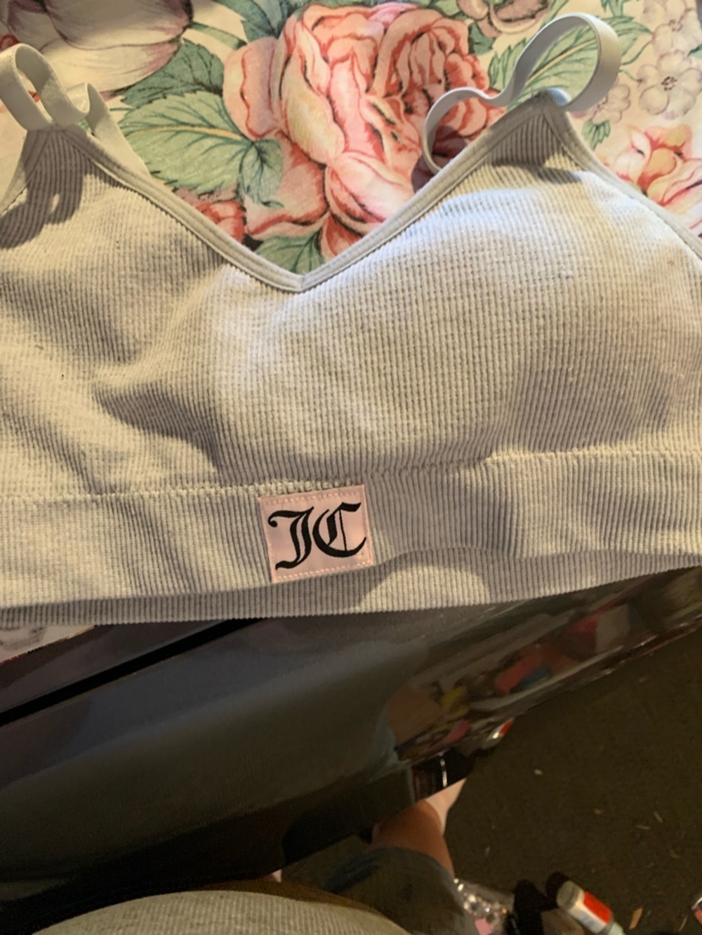 Juicy Couture Light Gray Ribbed Bralette with Pink Logo Size Medium
